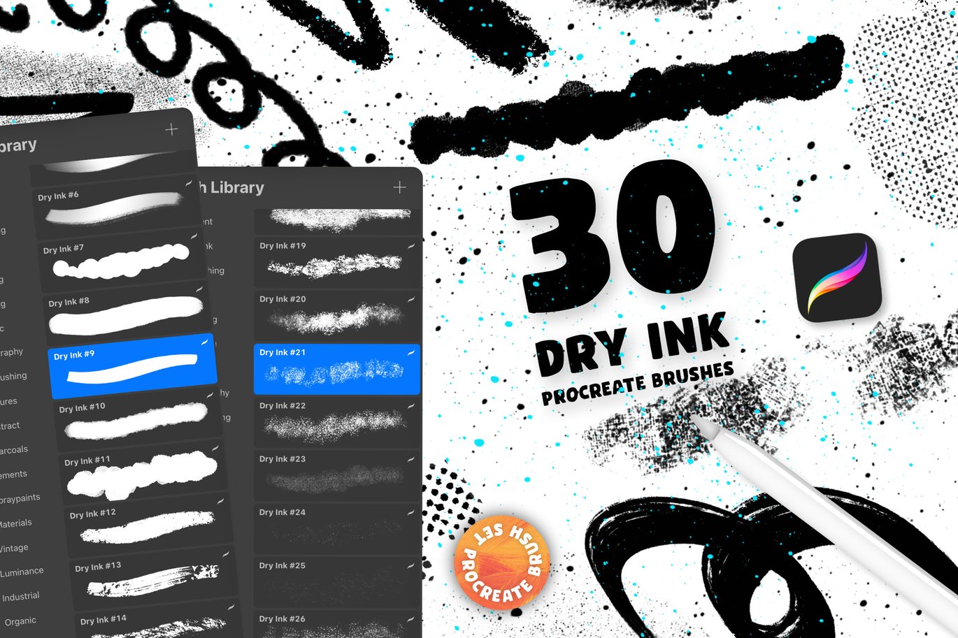 30款干燥墨迹复古纹理Procreate笔刷 30 Dry Ink Procreate Brush Set插图2 30款干燥墨迹复古纹理Procreate笔刷 30 Dry Ink Procreate Brush Set