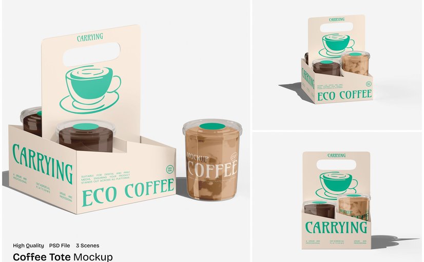 咖啡外带牛皮纸手提袋包装展示样机 Coffee Tote Bag Mockup