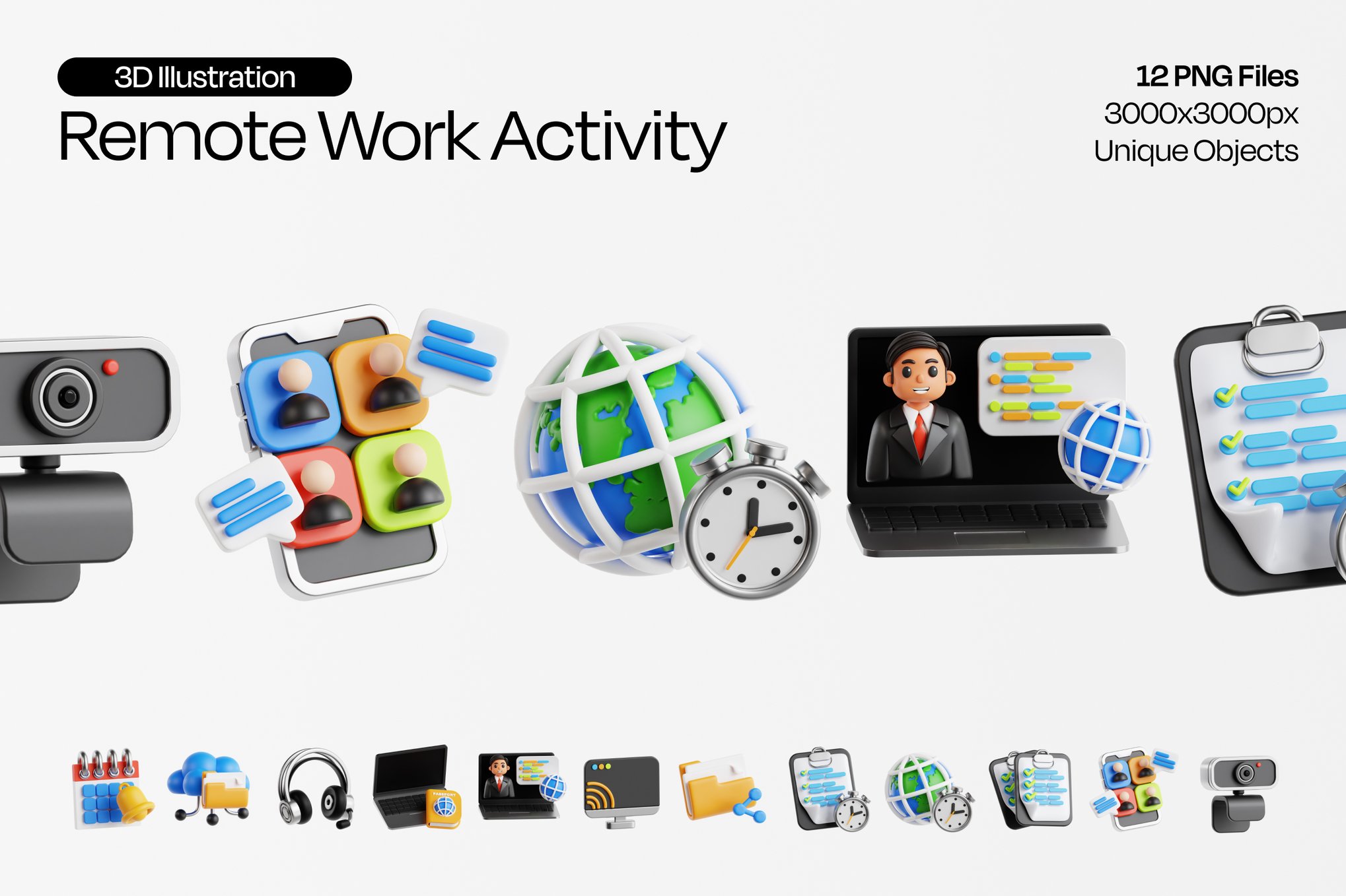 远程办公活动3D图标套装 Remote Work Activity 3D Icon Set插图 远程办公活动3D图标套装 Remote Work Activity 3D Icon Set