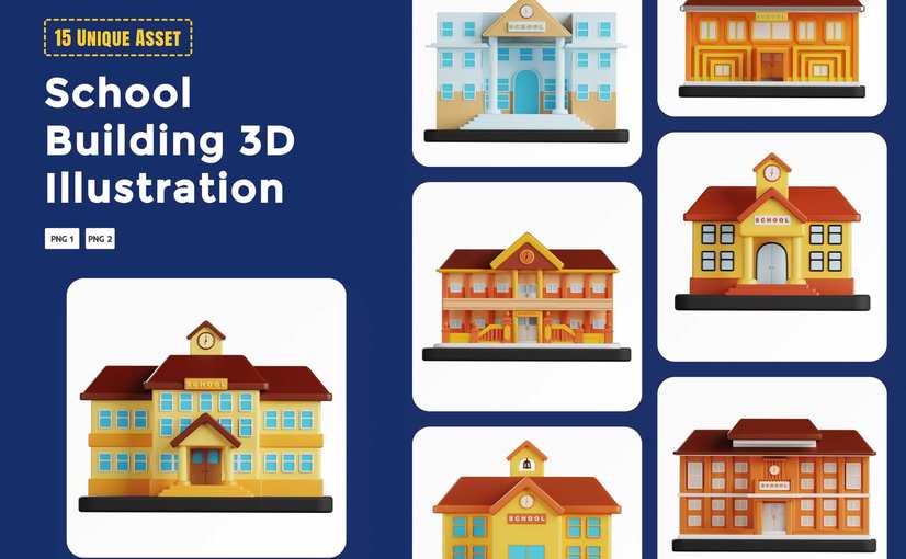 学校建筑3D插画物体素材 School Building 3D Illustration