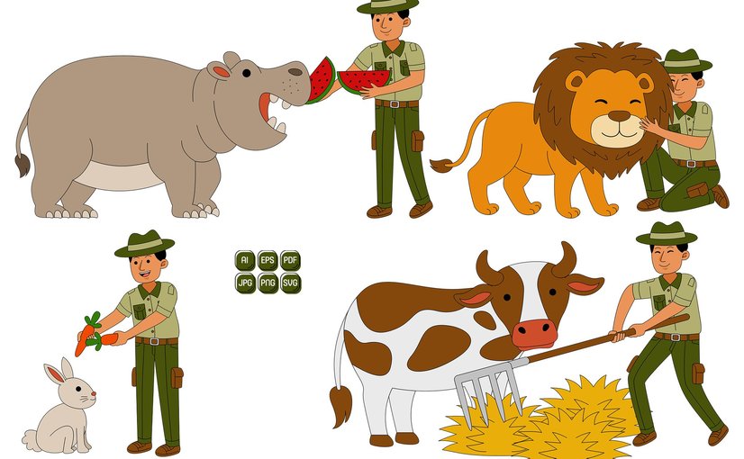 男性动物园管理员角色矢量素材套装 Man Zookeeper Character Vector Pack 02