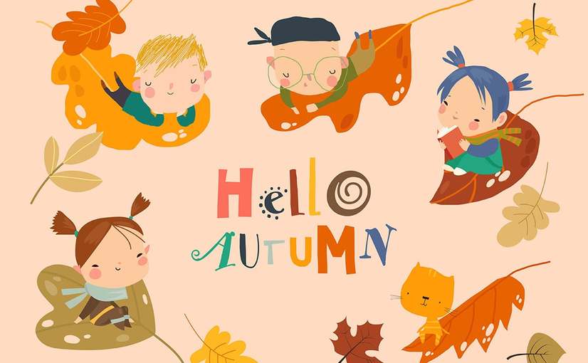 可爱卡通孩童秋季飞行插画 Cute Cartoon Boys and Girls flying on Autumn