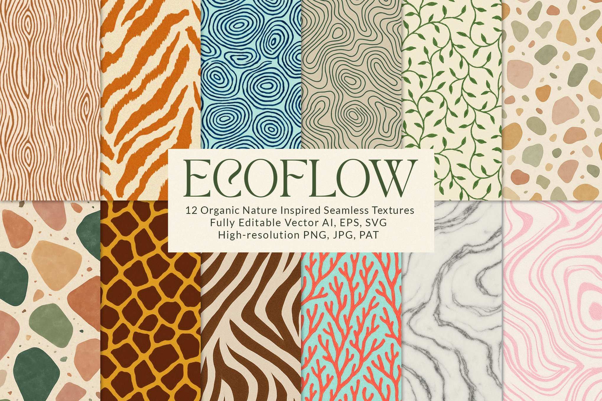 12款生态流动自然有机无缝图案 Eco Flow 12 Natural Organic Seamless Patterns插图 12款生态流动自然有机无缝图案 Eco Flow 12 Natural Organic Seamless Patterns