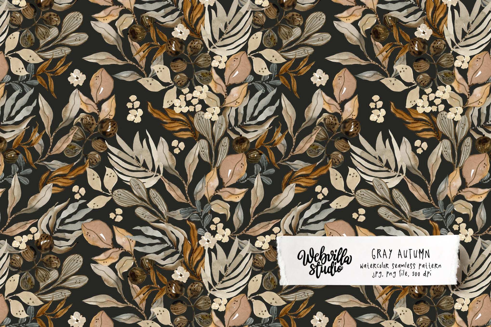 灰调秋叶水彩图案背景 Gray Autumn Watercolor Pattern Background Textures