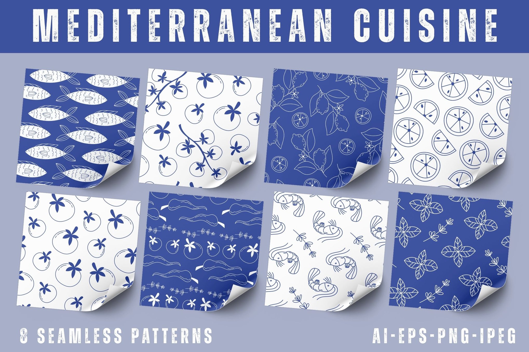 地中海美食主题无缝图案 Mediterranean Cuisine Seamless Patterns插图 地中海美食主题无缝图案 Mediterranean Cuisine Seamless Patterns
