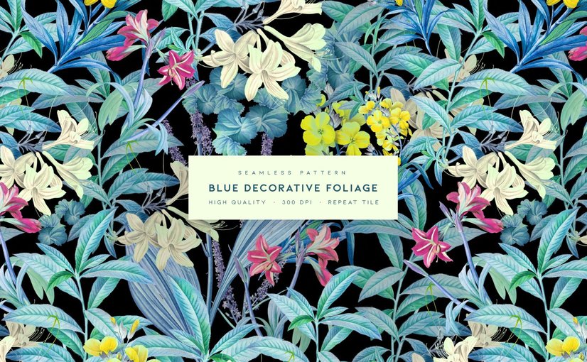蓝色装饰枝叶无缝图案 Blue Decorative Foliage Seamless Patterns