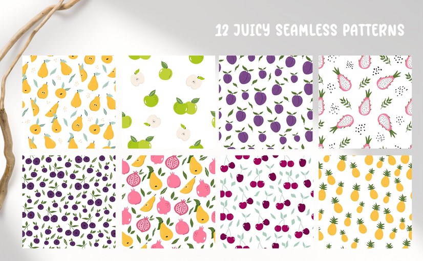 12款多彩水果无缝图案 12 Seamless Patterns with Colorful Fruits