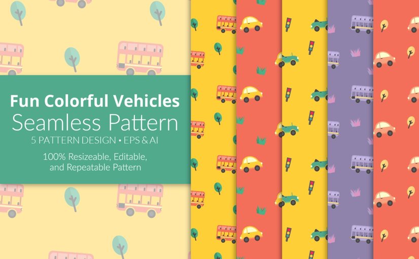 趣味彩色交通工具图案包 Fun Colorful Vehicles Seamless Pattern Pack