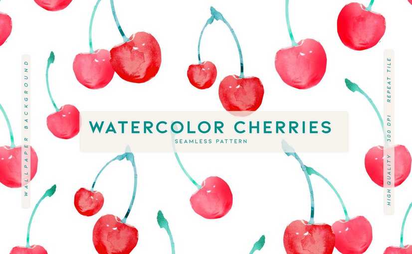 水彩樱桃元素背景纹理 Watercolor Cherries Background Textures