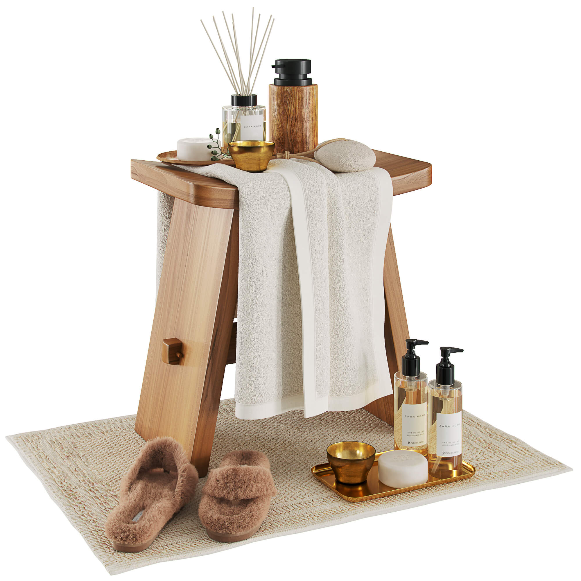 木凳及肥皂香氛毛巾拖鞋等组合3D模型 Zara home wood stool插图