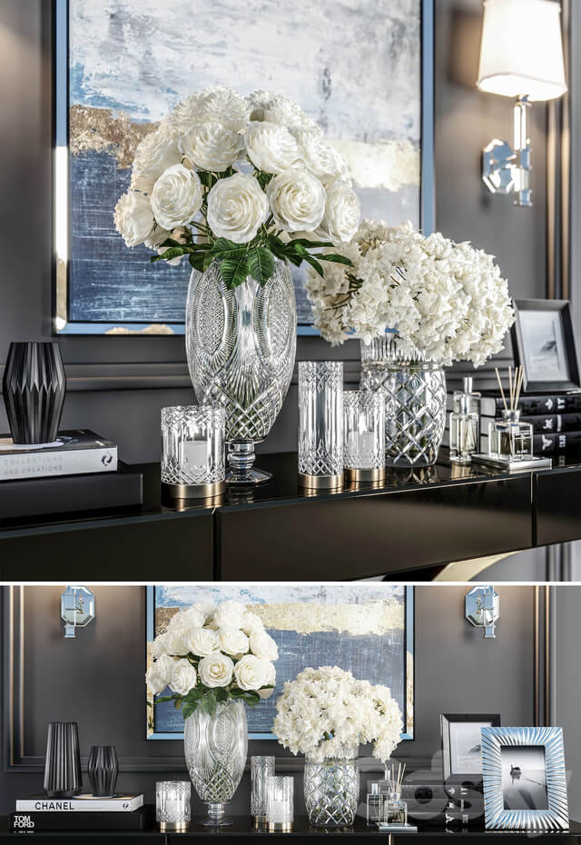 水晶装饰花瓶中的白色花束和烛台壁画等装饰组合3D模型 crystal-vase-decoration-set-05