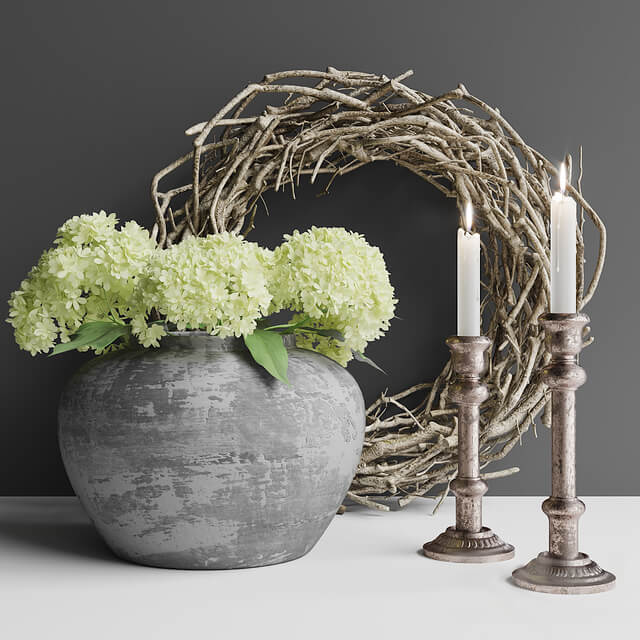 绿色绣球花束和蜡烛装饰组合3D模型 classic-decorative-set插图