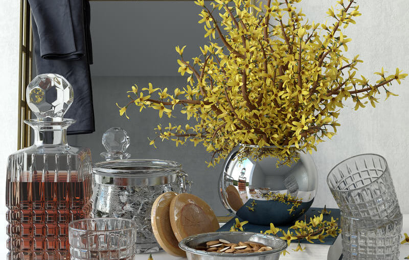 黄色连翘花束和玻璃酒具等装饰组合3D模型 forsythia-decorative-set