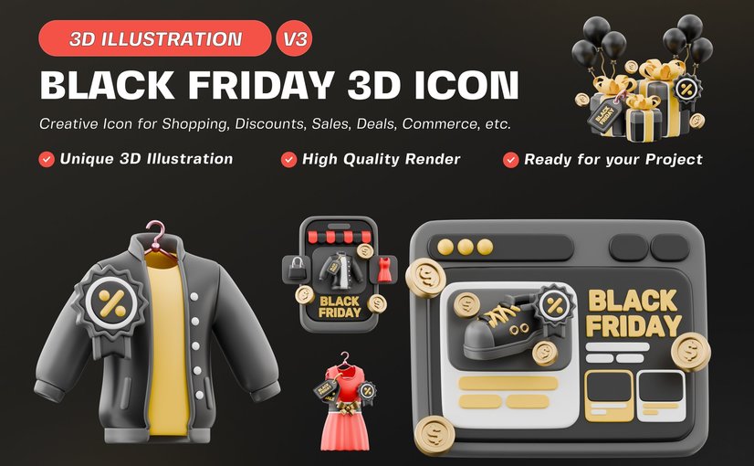 黑色星期五购物3D插画素材集v3 Black Friday Shopping 3D Illustrations Bundle v3