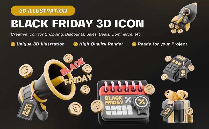 黑色星期五主题3D插画素材包 Black Friday 3D Illustration Pack