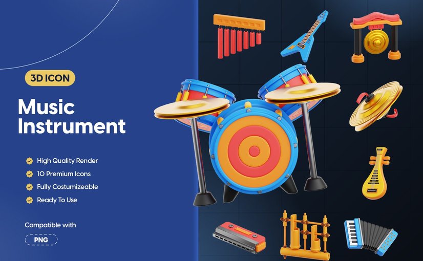 乐器演奏3D图标素材 3D Music Instrument Icons