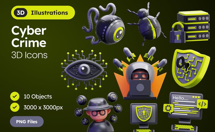 网络威胁与犯罪3D图标 Cyber Crime 3D Icons