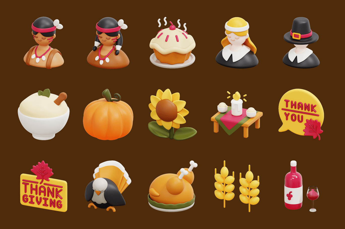 感恩节传统元素3D图标 Thanksgiving Elements 3D Icon插图1
