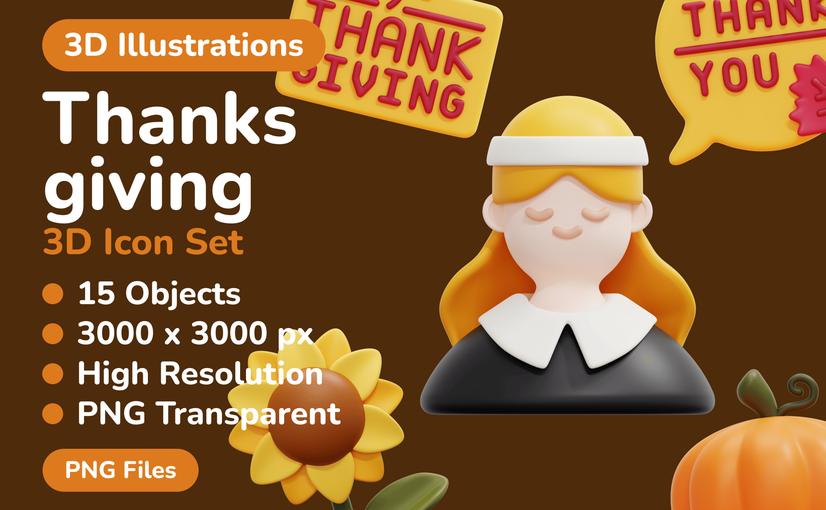 感恩节传统元素3D图标 Thanksgiving Elements 3D Icon