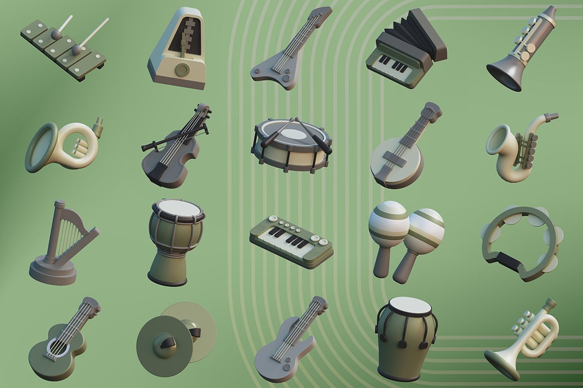 音乐乐器3D立体插画素材 Music Instrument 3D Illustration插图2 音乐乐器3D立体插画素材 Music Instrument 3D Illustration