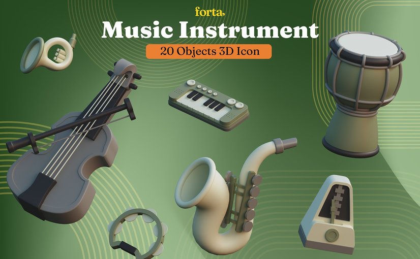 音乐乐器3D立体插画素材 Music Instrument 3D Illustration