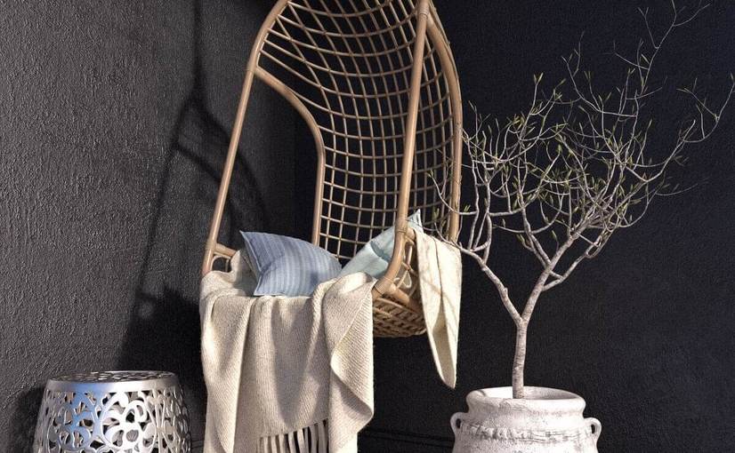 吊椅和装饰花盆中的绿植盆景3D模型 Hanging Chair & Potted Plants 3D Model