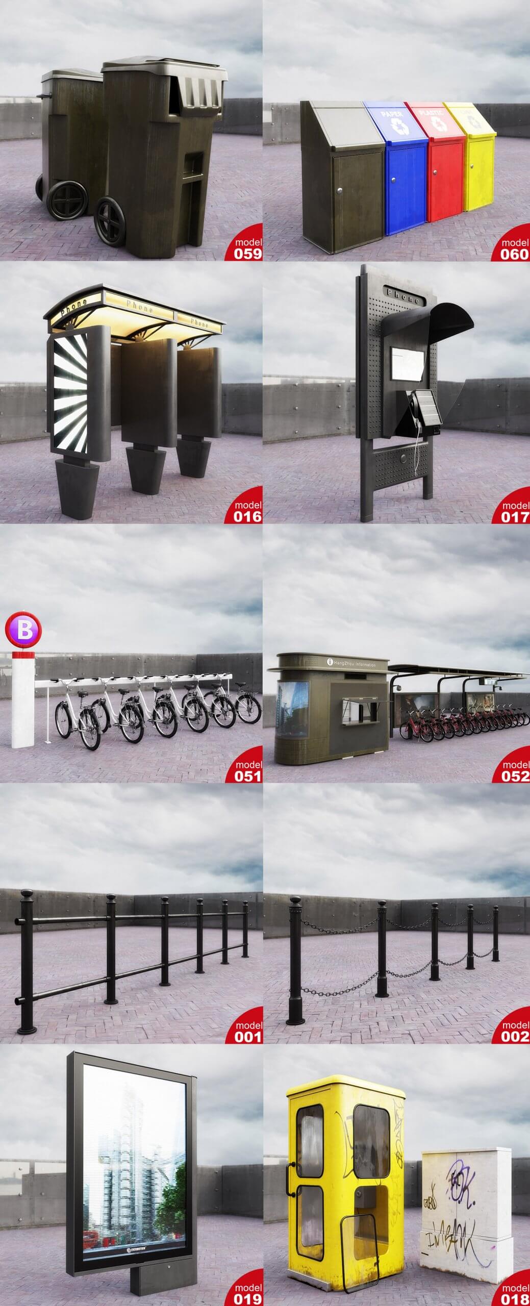 10种街头设施3D模型合集 Street Furniture 3D Models Bundle插图