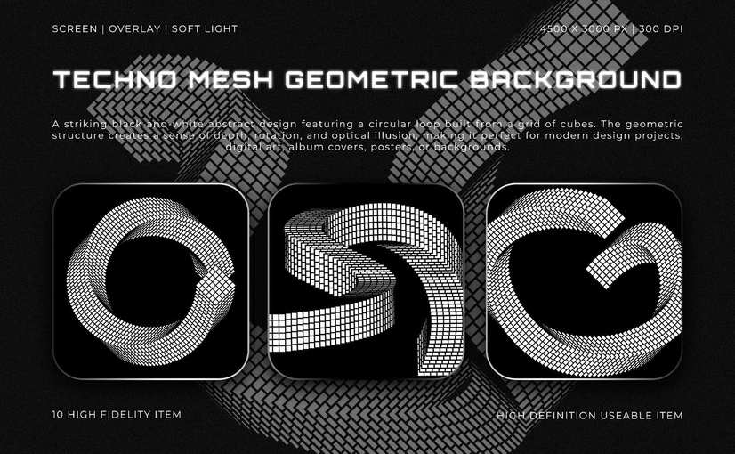 10款抽象黑白几何背景 Techno Mesh Geometric Background