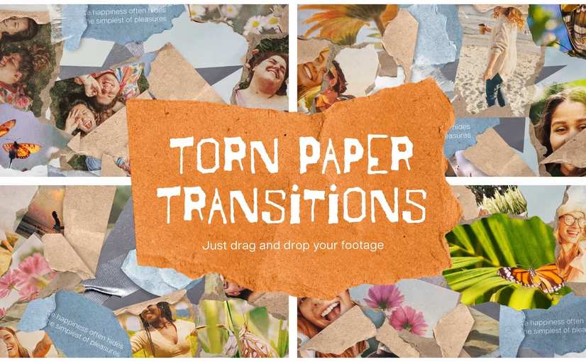 撕裂纸张手账本过渡转场特效AE模板 torn paper scrapbook transitions