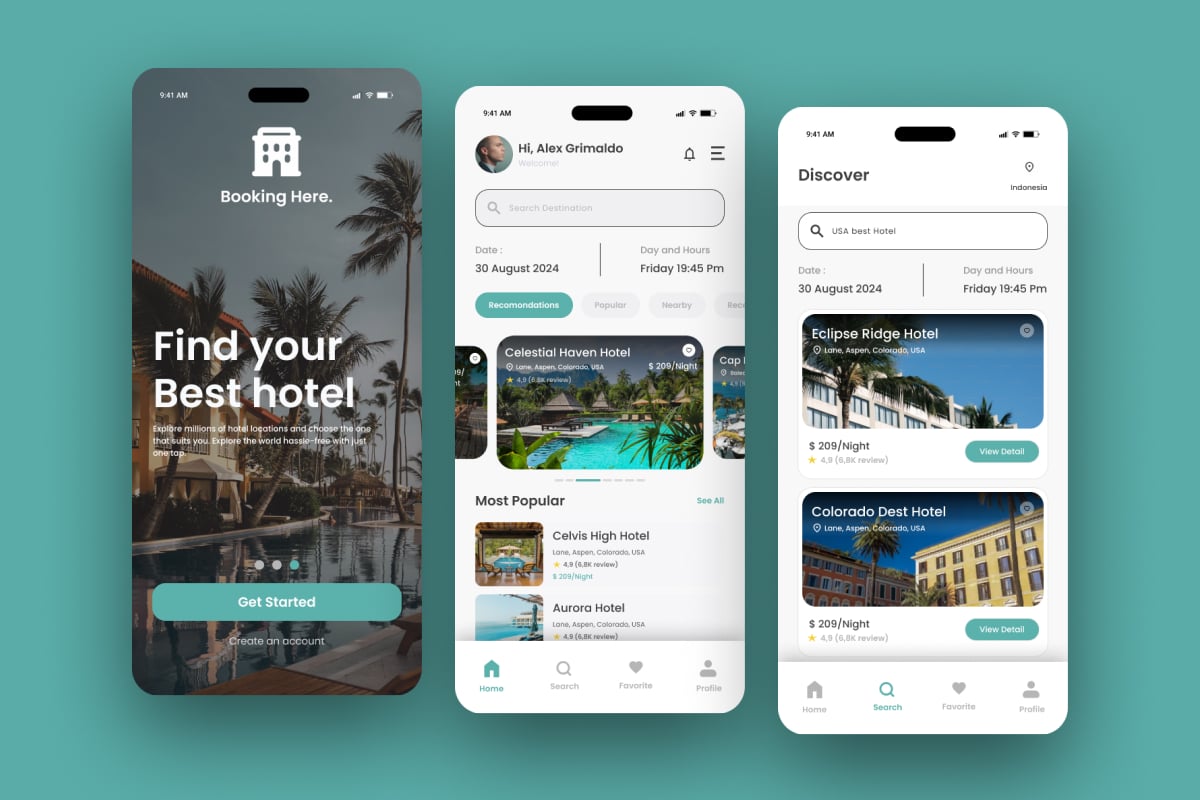 酒店预订App应用UI设计模板 BookHere – Hotel Booking App插图1 酒店预订App应用UI设计模板 BookHere - Hotel Booking App
