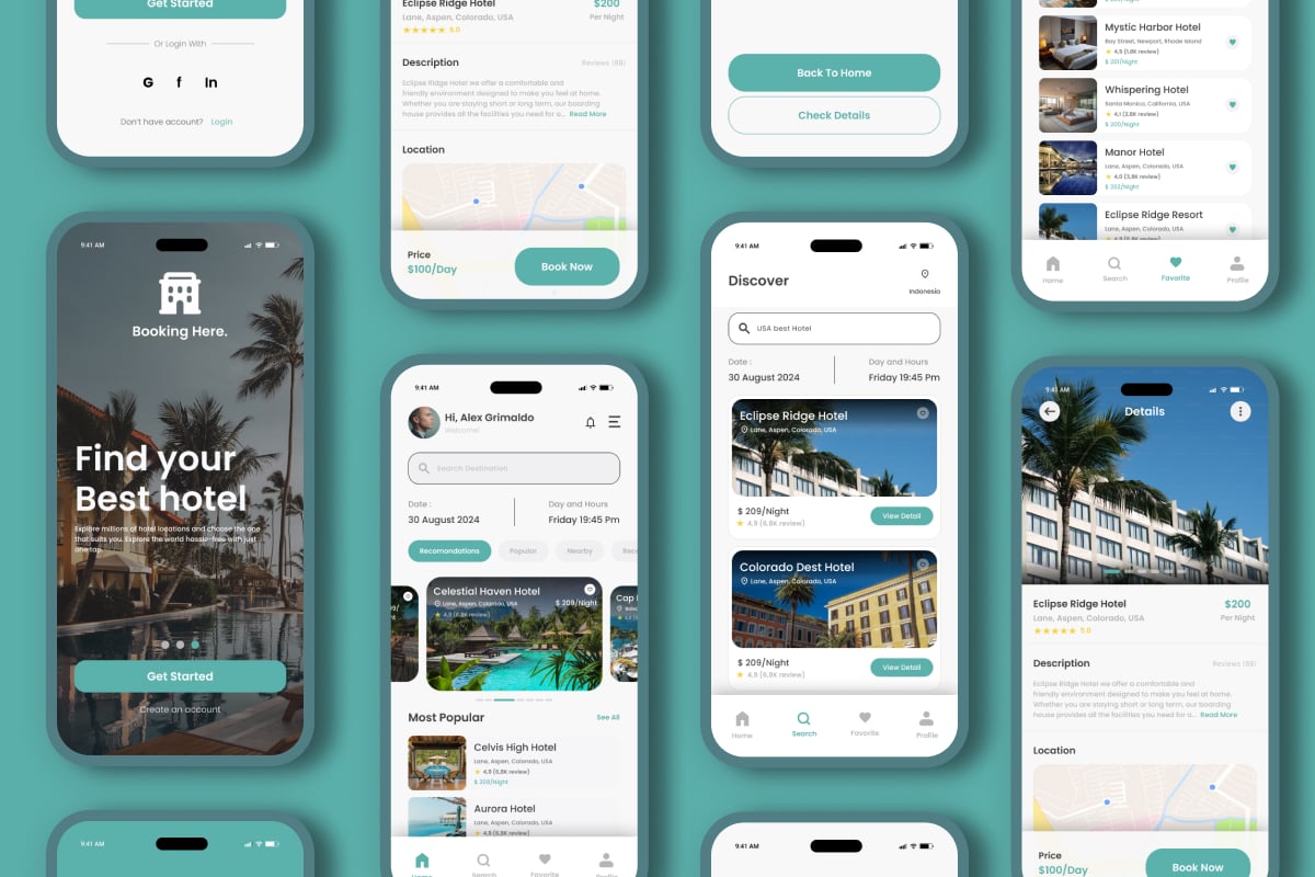 酒店预订App应用UI设计模板 BookHere – Hotel Booking App插图3 酒店预订App应用UI设计模板 BookHere - Hotel Booking App