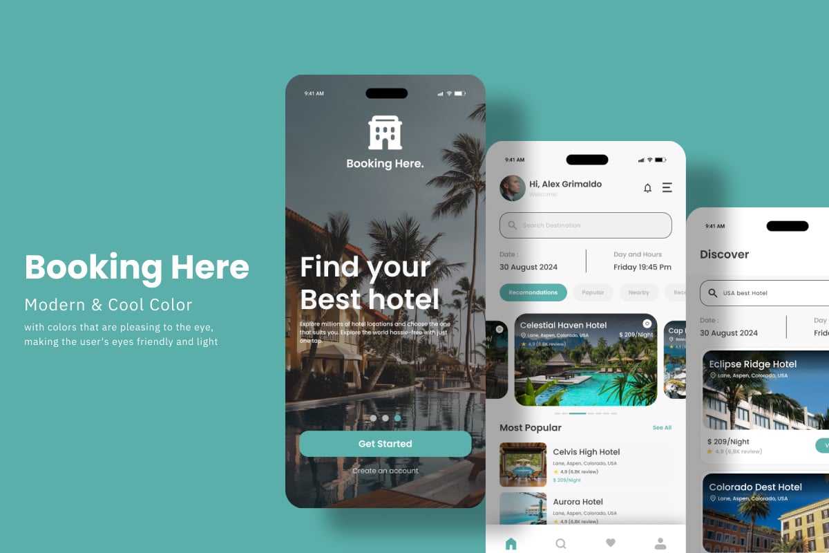 酒店预订App应用UI设计模板 BookHere – Hotel Booking App插图2 酒店预订App应用UI设计模板 BookHere - Hotel Booking App