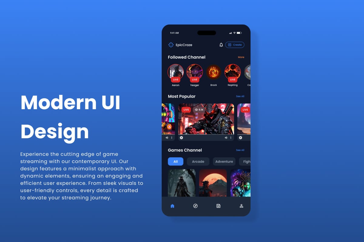 游戏直播App应用UI设计套件 EpicCraze – Game Streaming App插图2 游戏直播App应用UI设计套件 EpicCraze - Game Streaming App