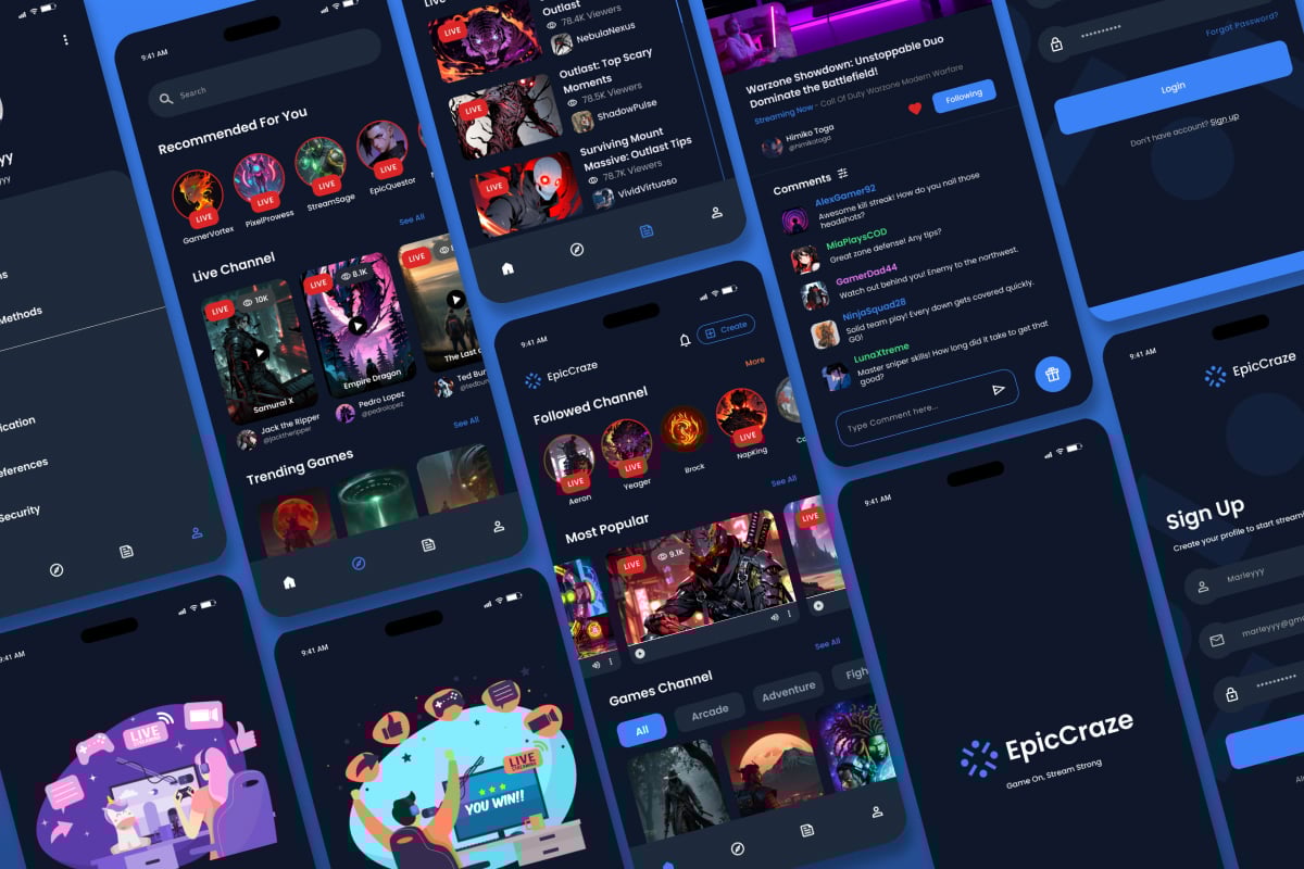 游戏直播App应用UI设计套件 EpicCraze – Game Streaming App插图4 游戏直播App应用UI设计套件 EpicCraze - Game Streaming App