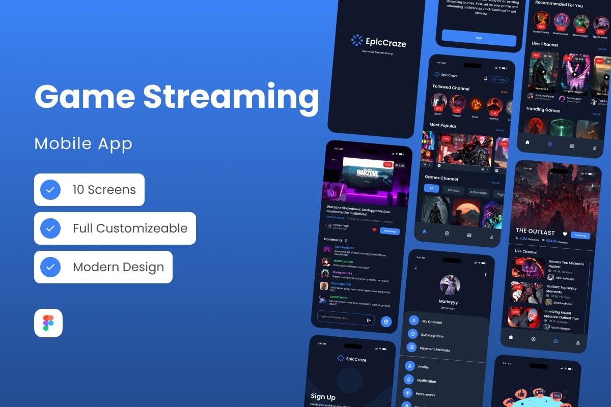游戏直播App应用UI设计套件 EpicCraze – Game Streaming App插图 游戏直播App应用UI设计套件 EpicCraze - Game Streaming App