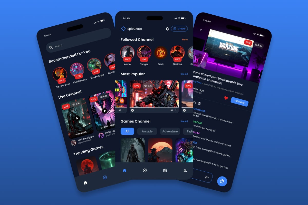 游戏直播App应用UI设计套件 EpicCraze – Game Streaming App插图1 游戏直播App应用UI设计套件 EpicCraze - Game Streaming App