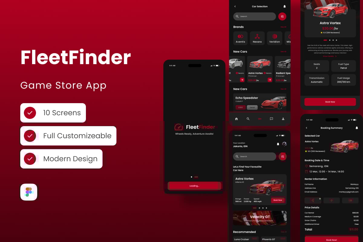 租车服务App界面设计模板 FleetFinder - Car Rental App