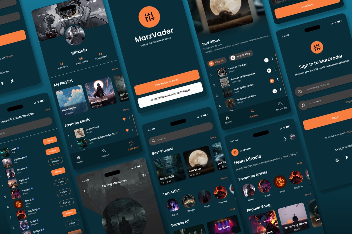 在线音乐App界面设计套件 MarzVader - Music Streaming App