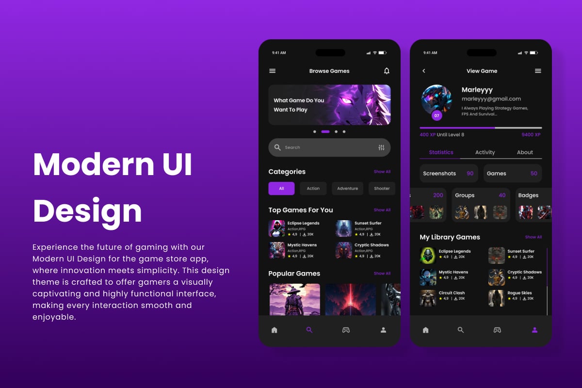 游戏商城App UX/UI设计模板 PhoenixArcade - Game Store Mobile App
