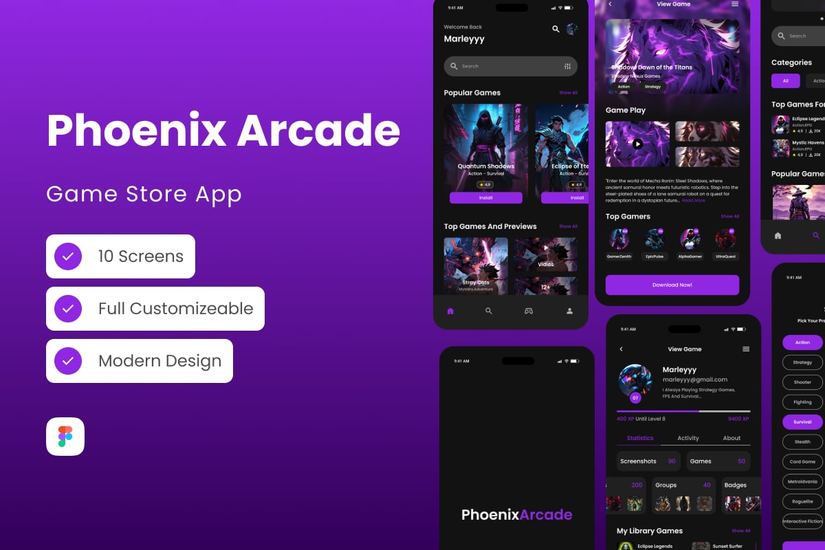 游戏商城App UX/UI设计模板 PhoenixArcade - Game Store Mobile App