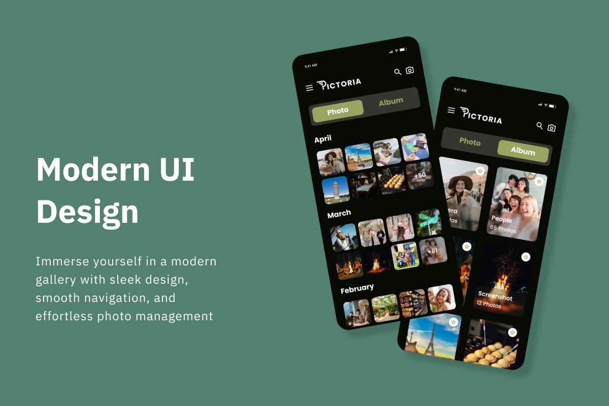 相册图库App界面设计模板 Pictoria - Photo Gallery Mobile App
