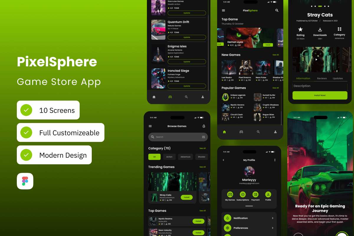 游戏商店App UI界面设计套件 PixelSphere - Game Store Mobile App