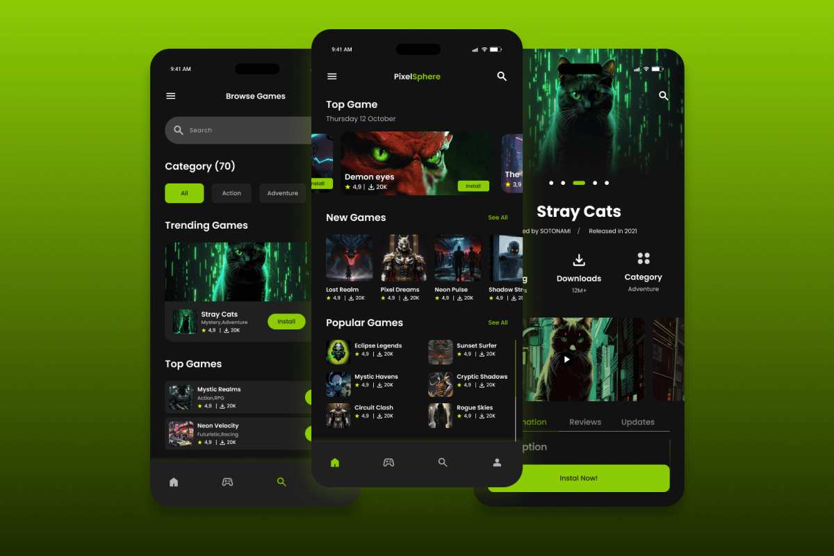 游戏商店App UI界面设计套件 PixelSphere - Game Store Mobile App