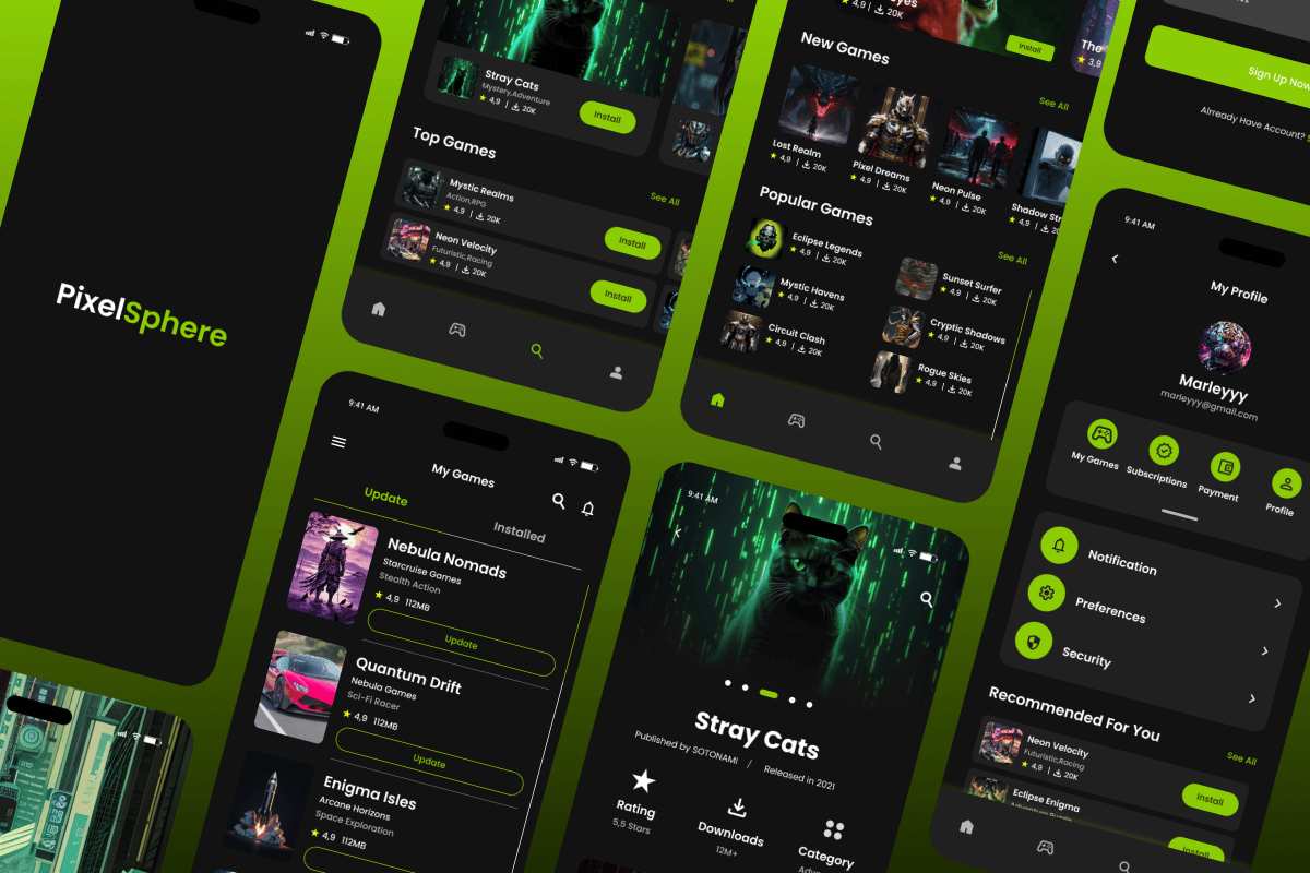 游戏商店App UI界面设计套件 PixelSphere - Game Store Mobile App