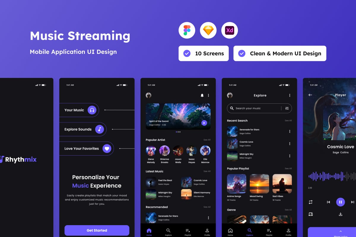 音乐流媒体App用户体验设计模板 Rhythmix – Music Streaming App插图 音乐流媒体App用户体验设计模板 Rhythmix - Music Streaming App