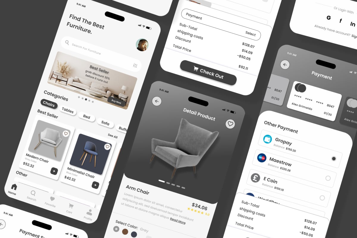 家具购物App界面设计模板 Furni Find – Furniture Mobile App插图4 家具购物App界面设计模板 Furni Find - Furniture Mobile App