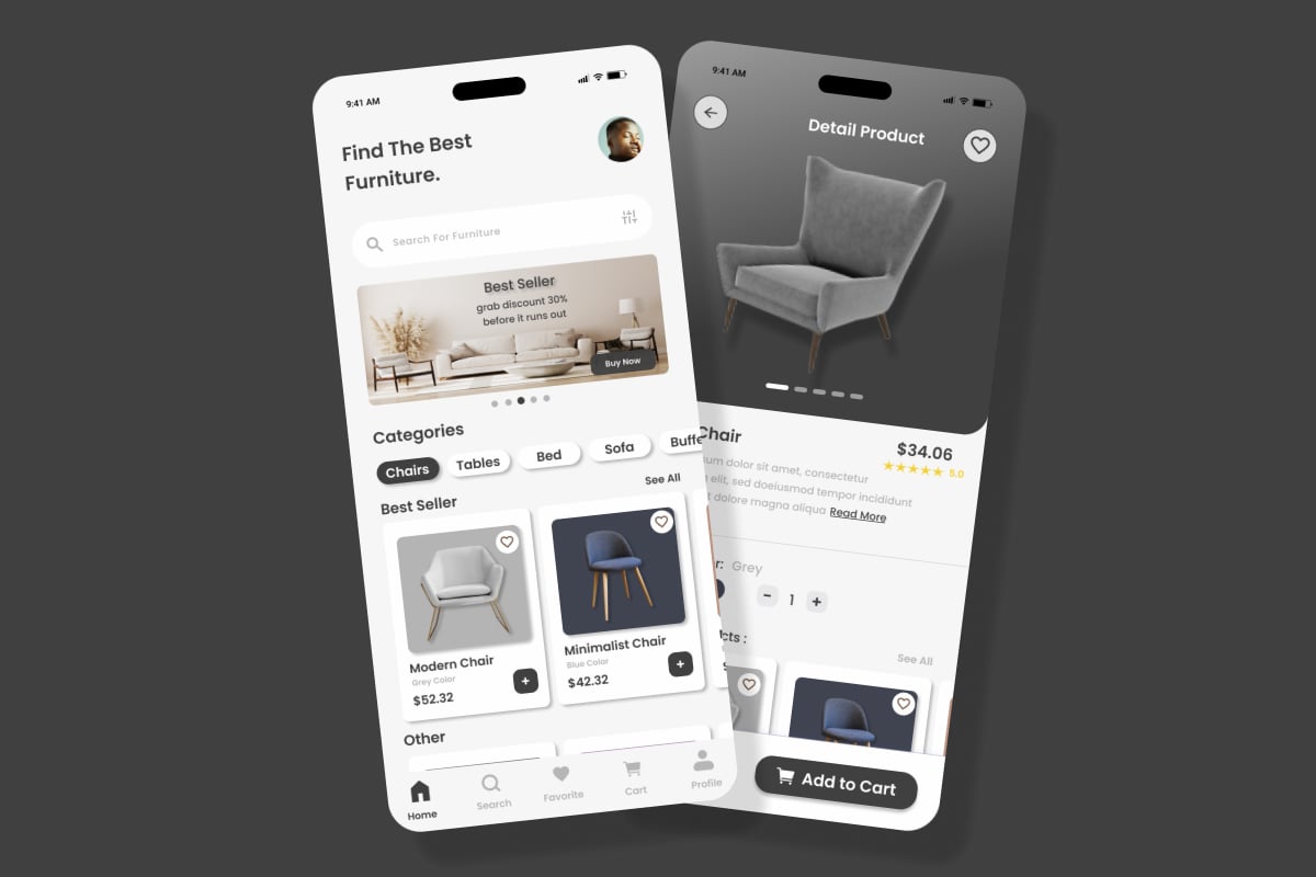 家具购物App界面设计模板 Furni Find – Furniture Mobile App插图2 家具购物App界面设计模板 Furni Find - Furniture Mobile App