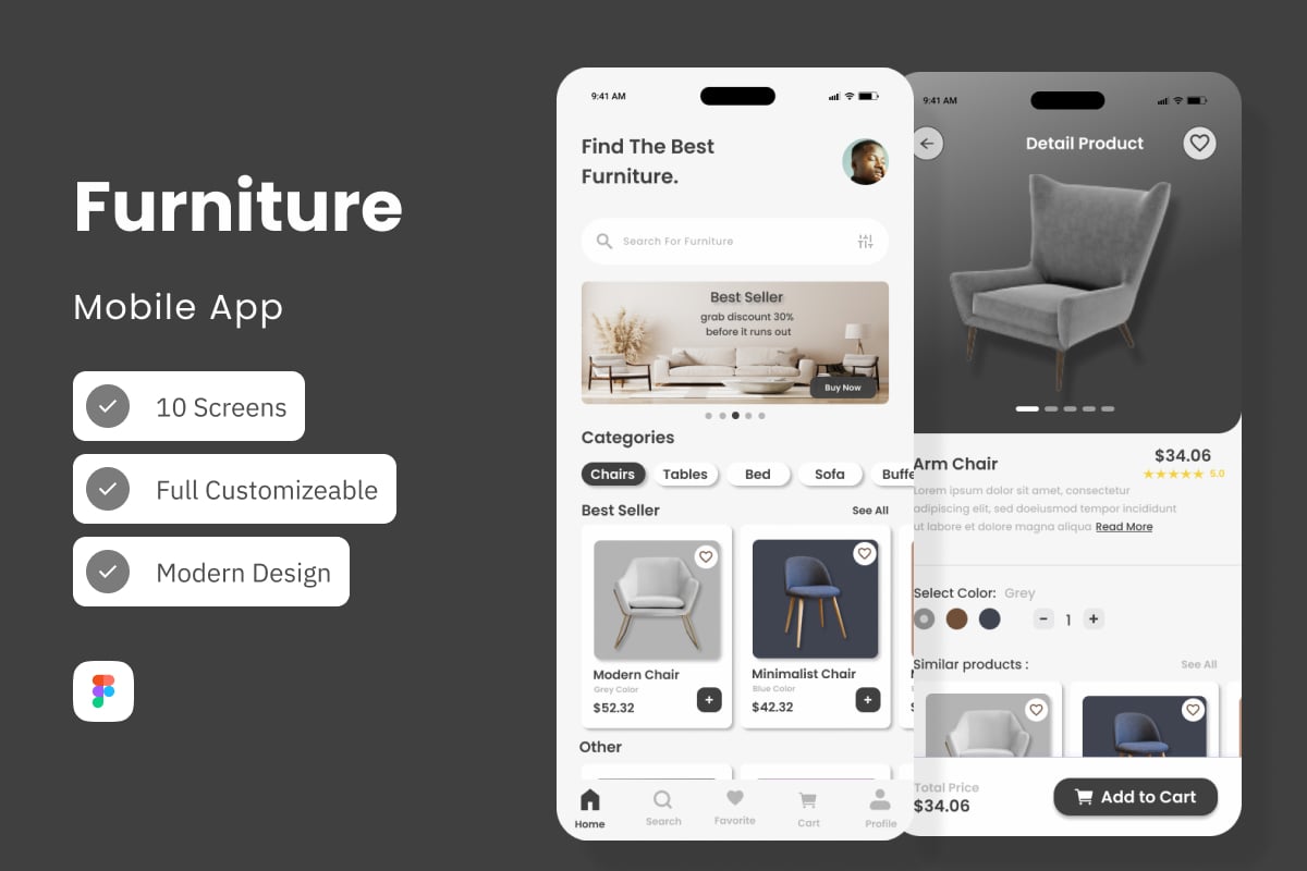 家具购物App界面设计模板 Furni Find – Furniture Mobile App插图 家具购物App界面设计模板 Furni Find - Furniture Mobile App