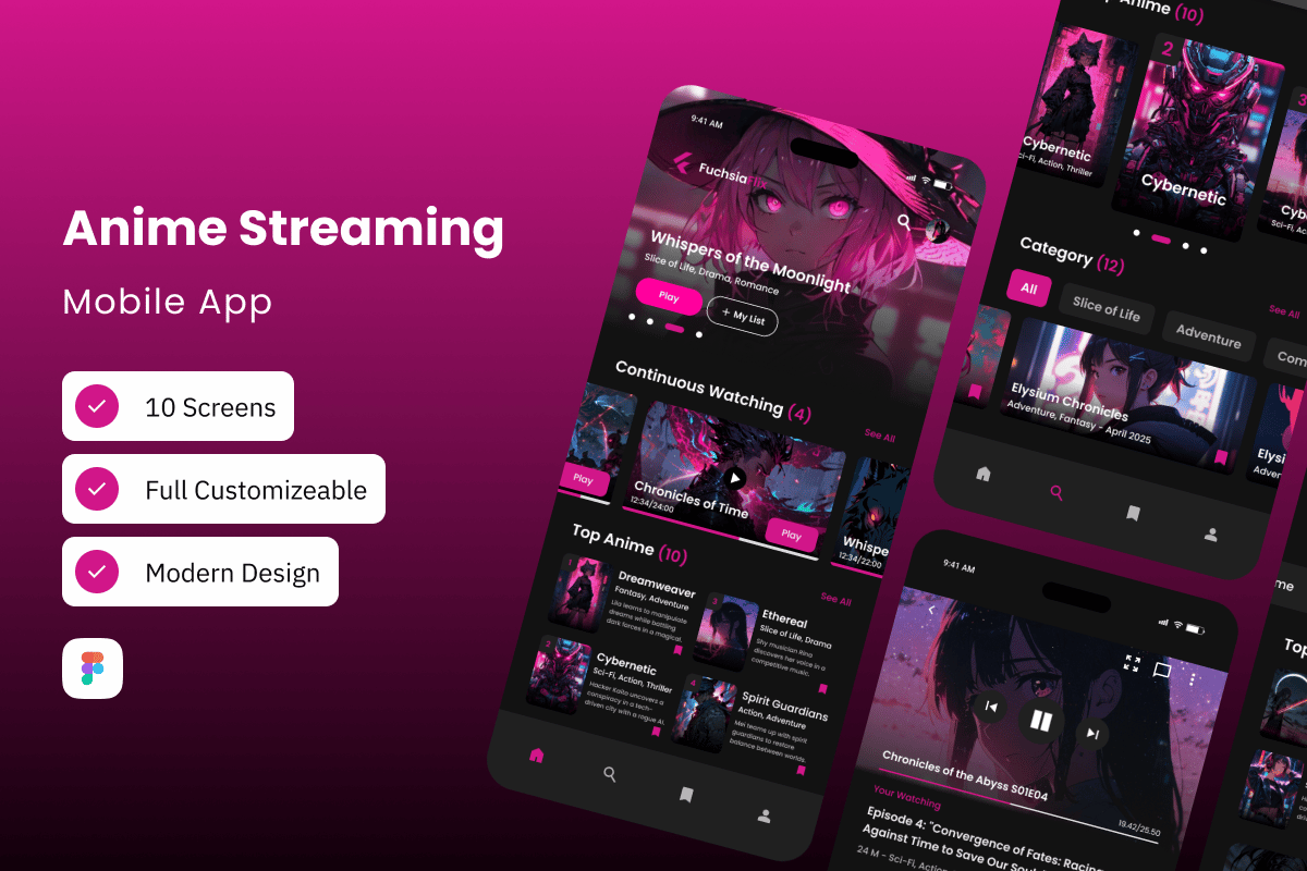 动漫流媒体App界面设计模板 FuchsiaFlix – Anime Streaming Mobile App插图 动漫流媒体App界面设计模板 FuchsiaFlix - Anime Streaming Mobile App