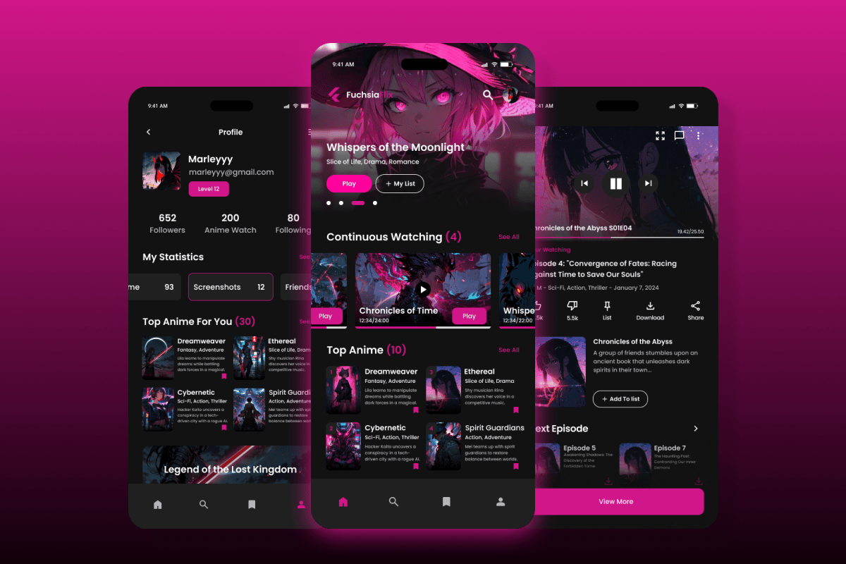 动漫流媒体App界面设计模板 FuchsiaFlix – Anime Streaming Mobile App插图1 动漫流媒体App界面设计模板 FuchsiaFlix - Anime Streaming Mobile App